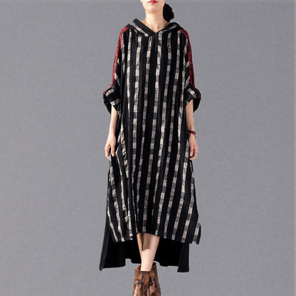 Black Plaid Long Hooded Cotton Linen Clothing Dress New Patchwork Autumn Dress
