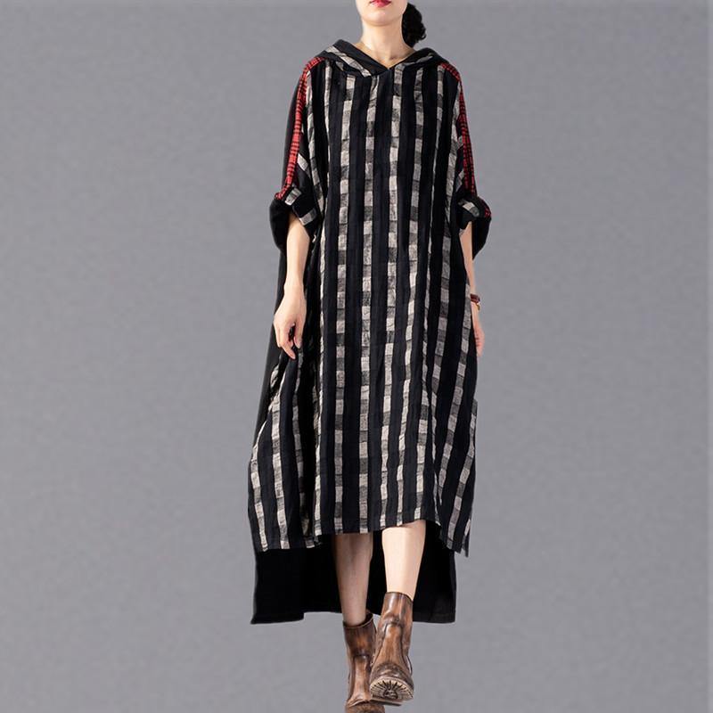 Black Plaid Long Hooded Cotton Linen Clothing Dress New Patchwork Autumn Dress
