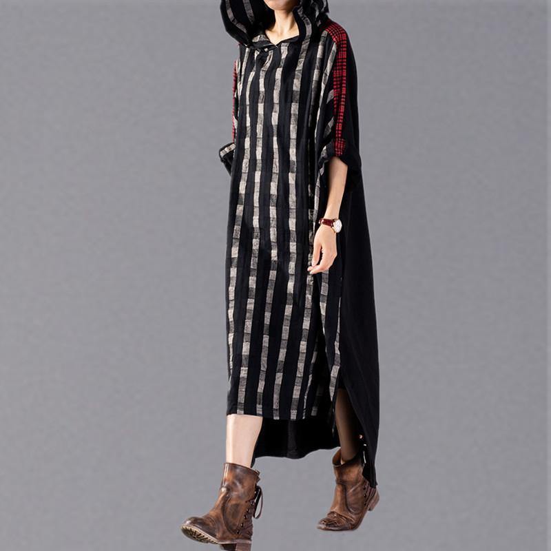Black Plaid Long Hooded Cotton Linen Clothing Dress New Patchwork Autumn Dress