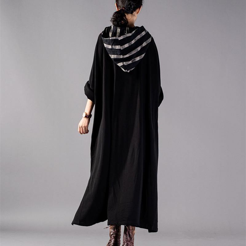 Black Plaid Long Hooded Cotton Linen Clothing Dress New Patchwork Autumn Dress