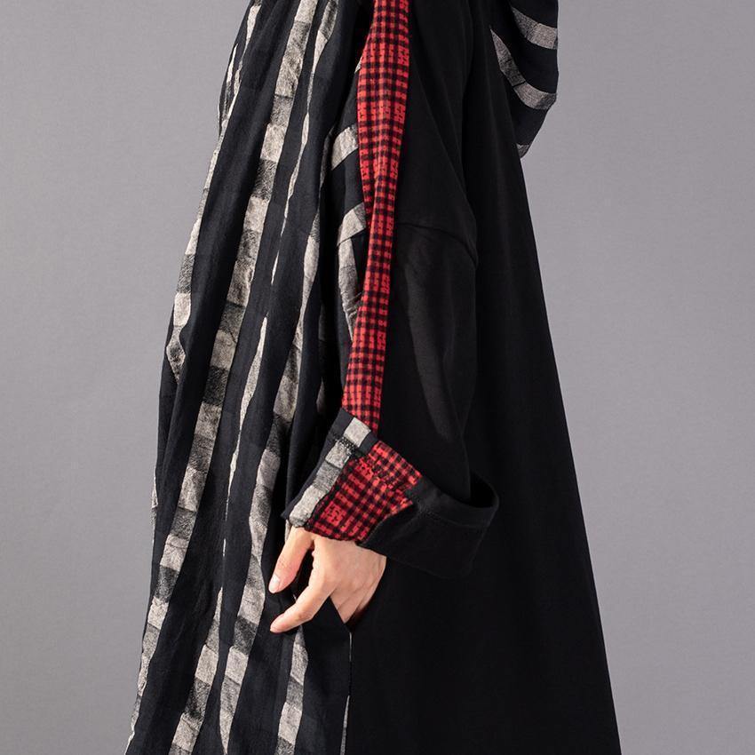 Black Plaid Long Hooded Cotton Linen Clothing Dress New Patchwork Autumn Dress