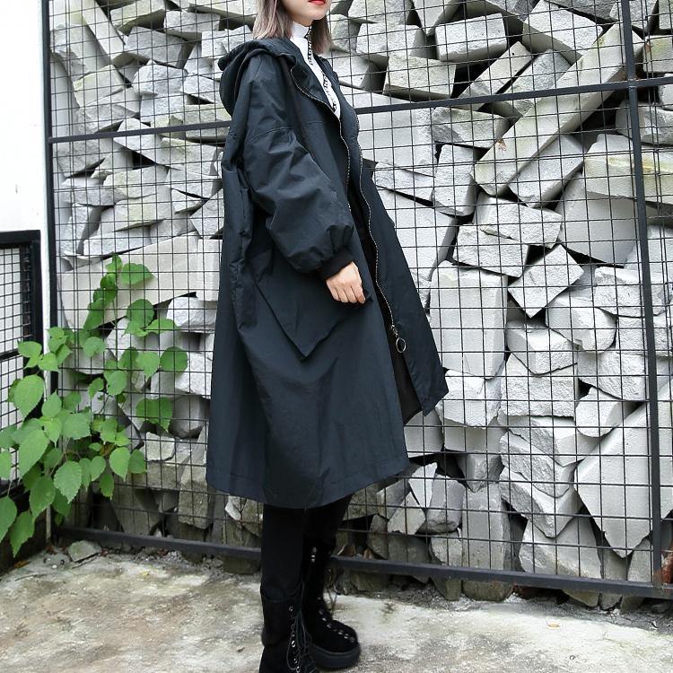 Black Winter Coat Hooded Baggy Zippered Coats Pockets Coats
