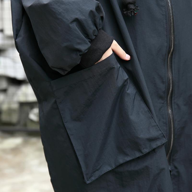 Black Winter Coat Hooded Baggy Zippered Coats Pockets Coats
