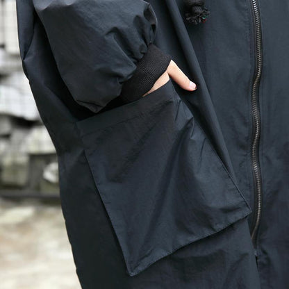 Black Winter Coat Hooded Baggy Zippered Coats Pockets Coats
