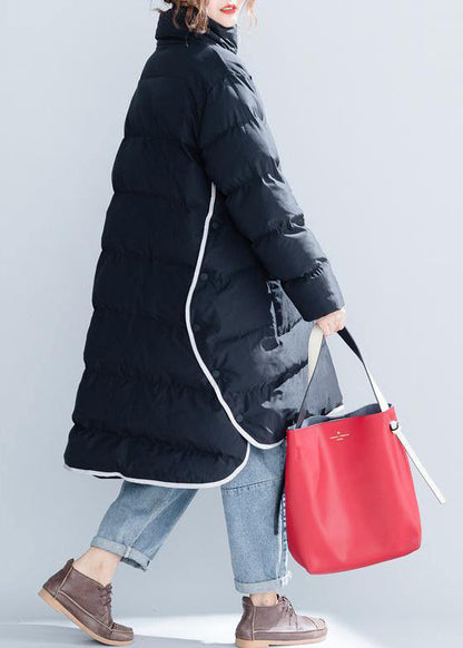 Black Cotton Jacket Stand Collar Zippered Warm Pockets Thick Winter Cotton Coats