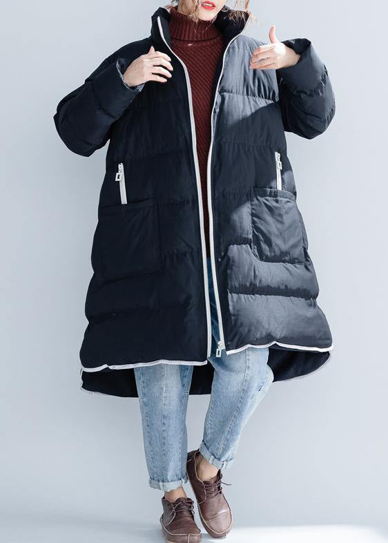 Black Cotton Jacket Stand Collar Zippered Warm Pockets Thick Winter Cotton Coats
