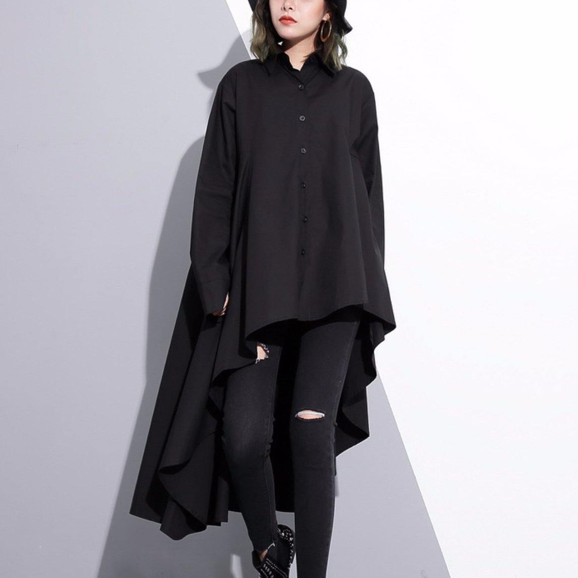 Black Cotton Tops Clothing Cotton Clothing Blouses Fine Low High Design Lapel Collar Cotton Tops