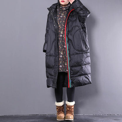 Black Down Coat Stand Collar Down Coat Pockets Zippered Overcoat