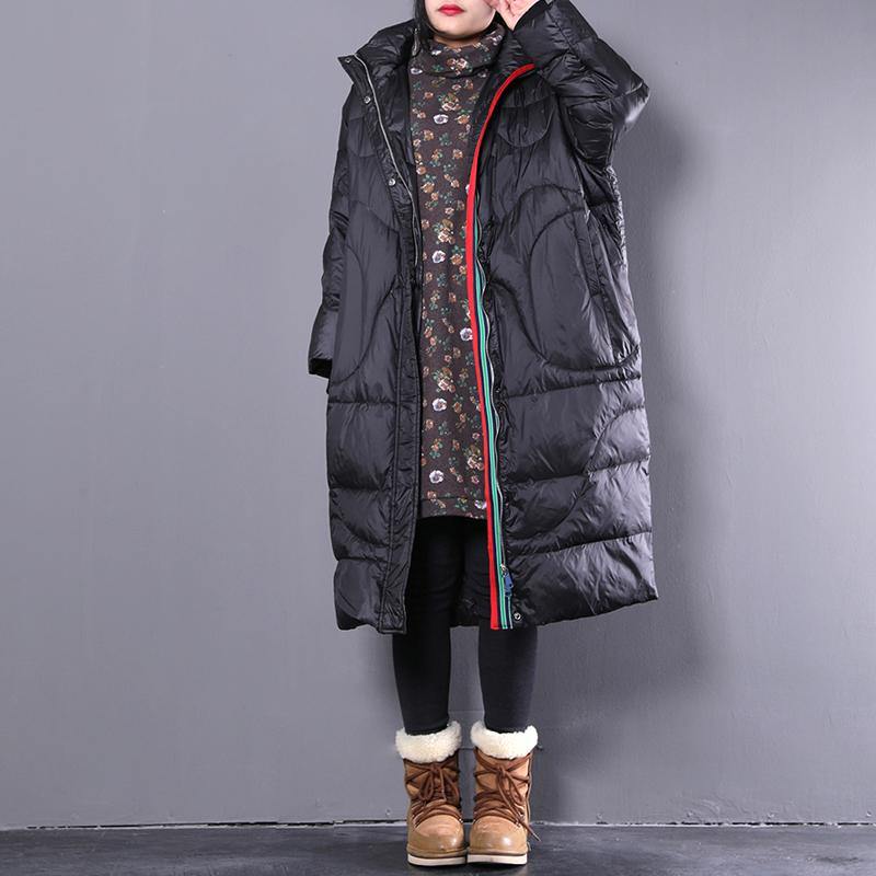 Black Down Coat Stand Collar Down Coat Pockets Zippered Overcoat