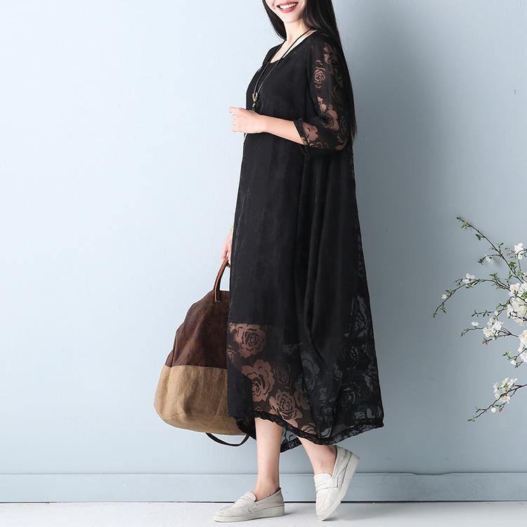 Black Hollow Out Maxi Dress O Neck Half Sleeve Bridesmaid Dress Asymmetric Summer Dress