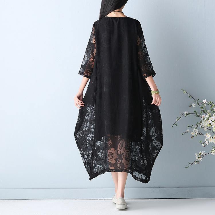 Black Hollow Out Maxi Dress O Neck Half Sleeve Bridesmaid Dress Asymmetric Summer Dress