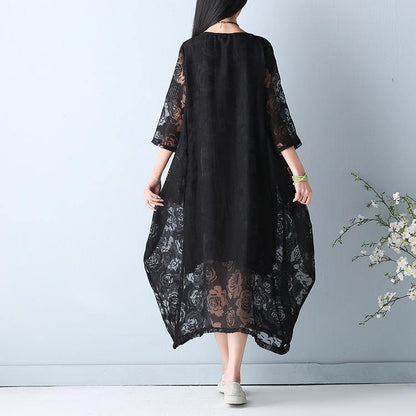 Black Hollow Out Maxi Dress O Neck Half Sleeve Bridesmaid Dress Asymmetric Summer Dress