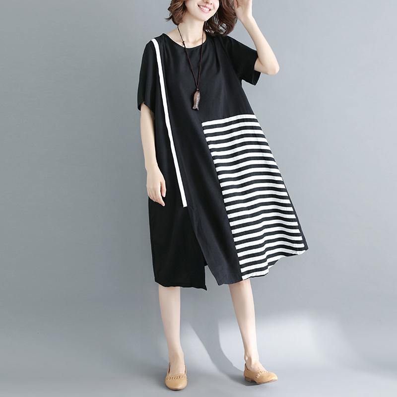 Black Natural Cotton Dress Dress Fine Short Sleeve O Neck Cotton Dress