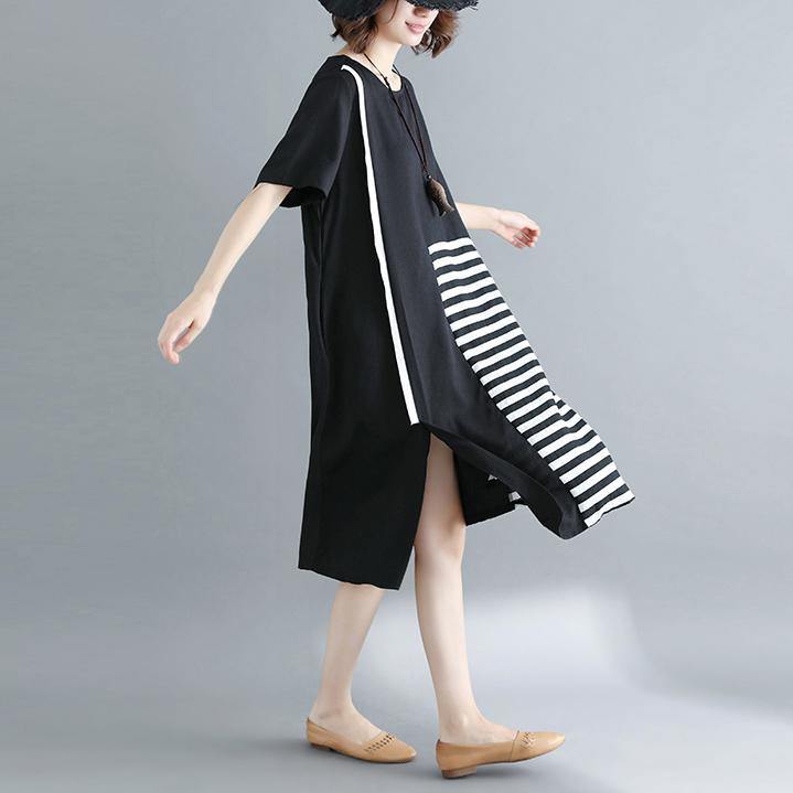 Black Natural Cotton Dress Dress Fine Short Sleeve O Neck Cotton Dress