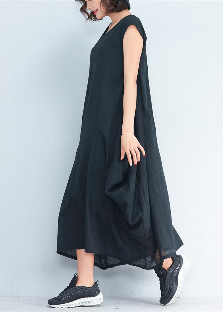 Blue Flowers Natural Cotton Polyester Dress Oversize Sleeveless Traveling Dress Kaftans