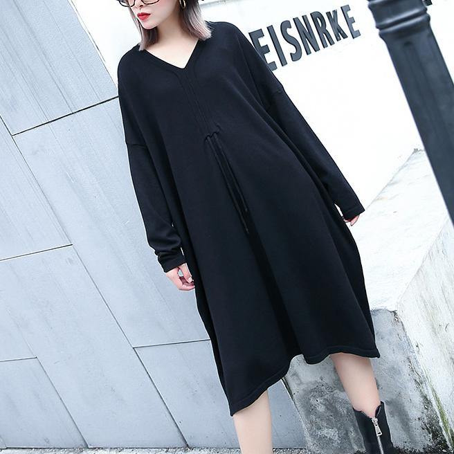 Black Natural Baggy Dresses V Neck Drawstring Natural Cotton Blended Dress