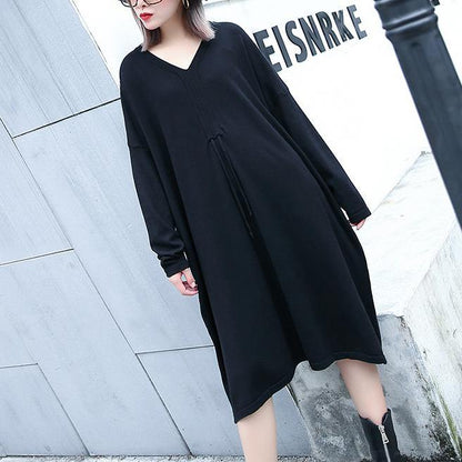 Black Natural Baggy Dresses V Neck Drawstring Natural Cotton Blended Dress