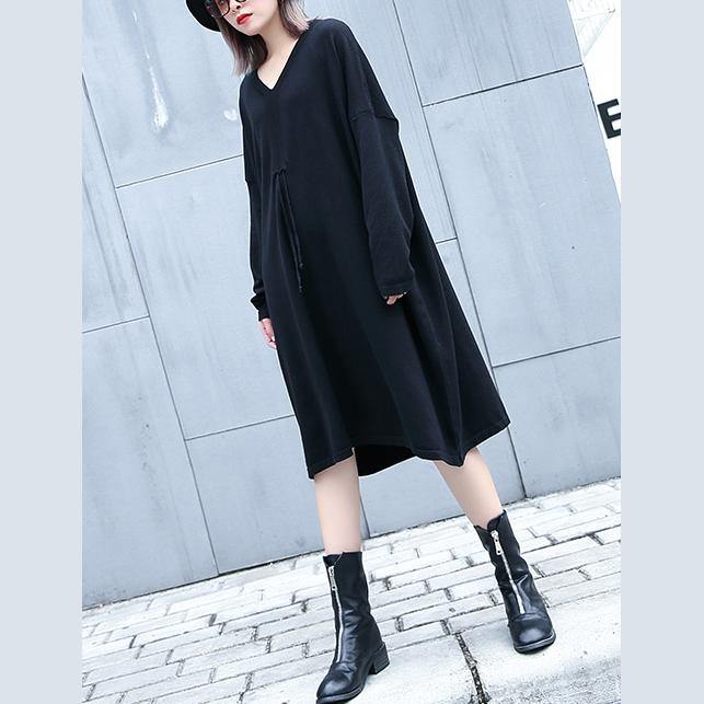 Black Natural Baggy Dresses V Neck Drawstring Natural Cotton Blended Dress