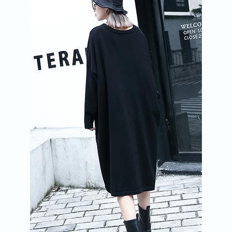 Black Natural Baggy Dresses V Neck Drawstring Natural Cotton Blended Dress