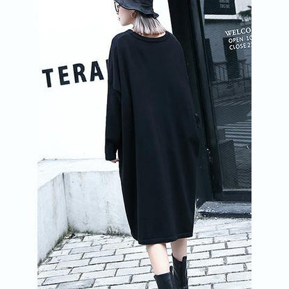 Black Natural Baggy Dresses V Neck Drawstring Natural Cotton Blended Dress