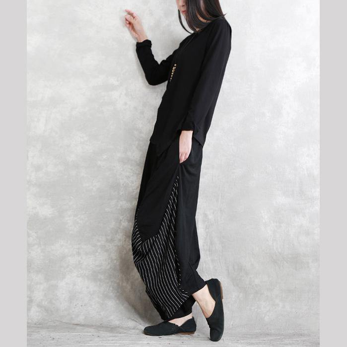 2025 black patchwork cotton blended casual shirts Fine long sleeve asymmetric o neck Cinched cotton blended tops