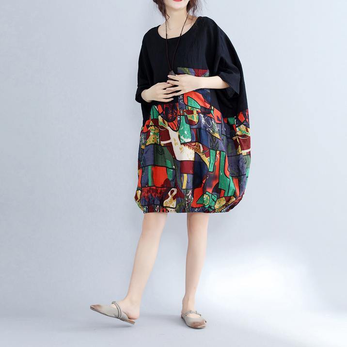 Black Patchwork Cotton Shift Dress Cotton Clothing Dresses Fine Batwing Sleeve Prints Cotton Dress