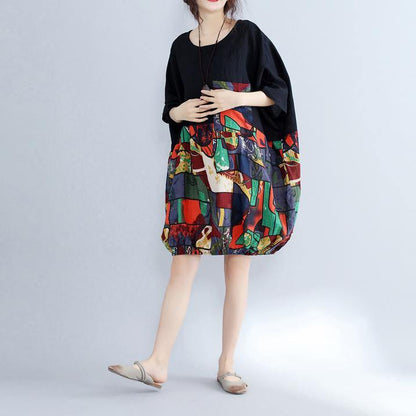 Black Patchwork Cotton Shift Dress Cotton Clothing Dresses Fine Batwing Sleeve Prints Cotton Dress