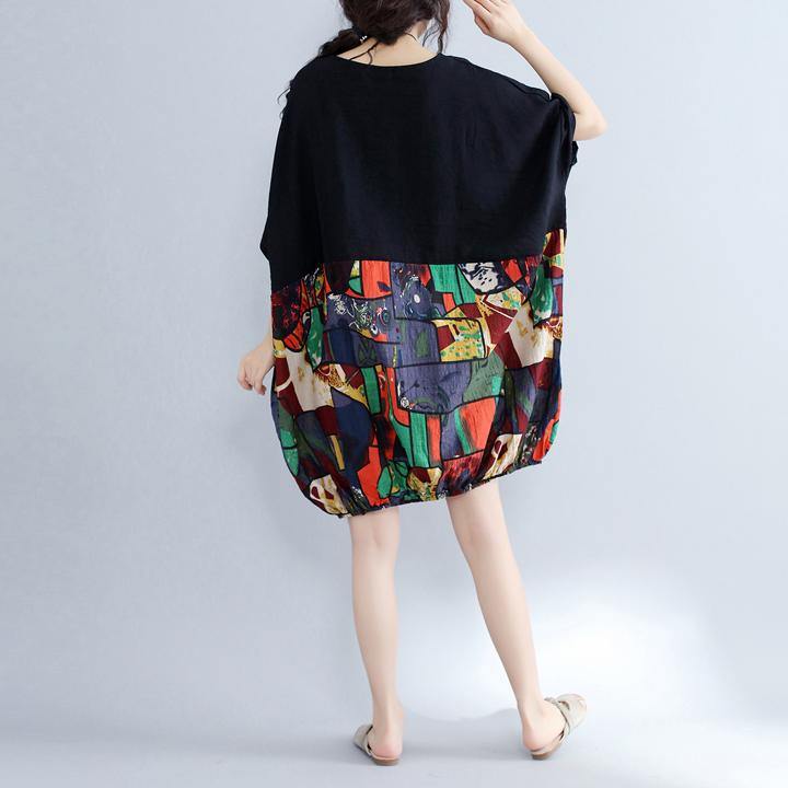 Black Patchwork Cotton Shift Dress Cotton Clothing Dresses Fine Batwing Sleeve Prints Cotton Dress