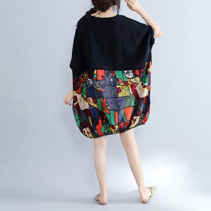 Black Patchwork Cotton Shift Dress Cotton Clothing Dresses Fine Batwing Sleeve Prints Cotton Dress