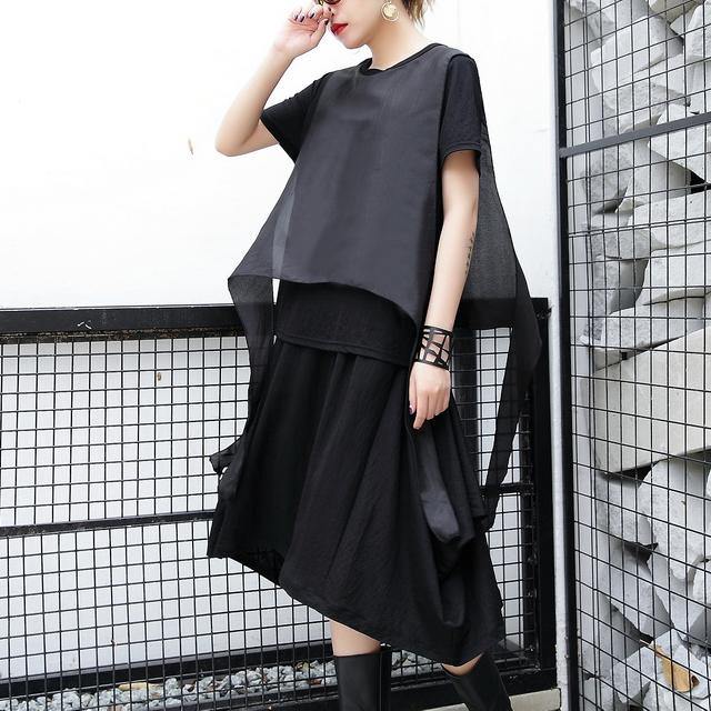 Black Pure Linen Tops Traveling Clothing Patchwork Faux Two Pieces Tops