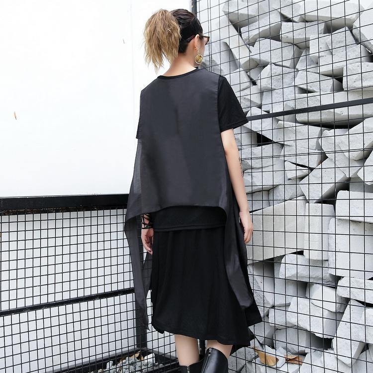 Black Pure Linen Tops Traveling Clothing Patchwork Faux Two Pieces Tops