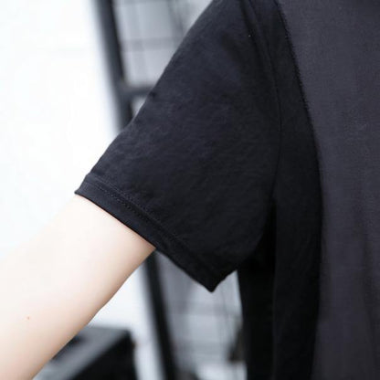 Black Pure Linen Tops Traveling Clothing Patchwork Faux Two Pieces Tops
