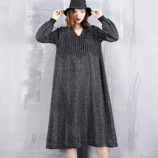 Black Sweater Dress V Neck Sweater Baggy Cinched Winter Dress