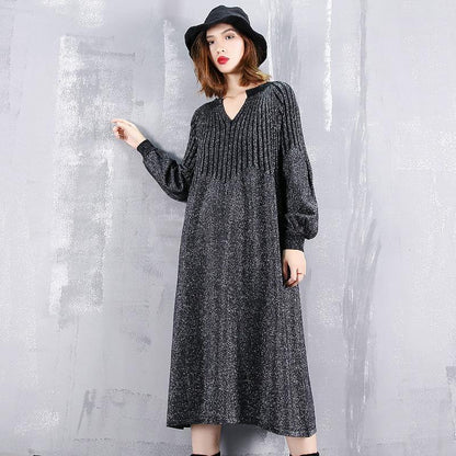 Black Sweater Dress V Neck Sweater Baggy Cinched Winter Dress