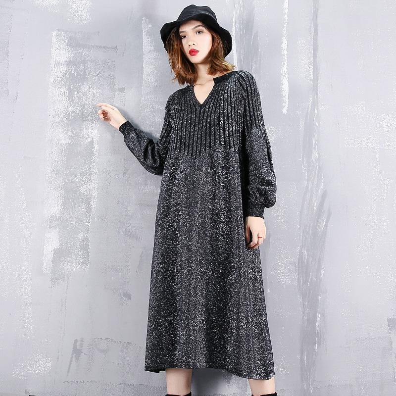Black Sweater Dress V Neck Sweater Baggy Cinched Winter Dress