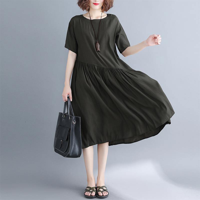 Blackish Green Pure Cotton Blended Dresses Oversize Maxi Dress Short Sleeve Baggy Dresses O Neck Patchwork Cotton Dress