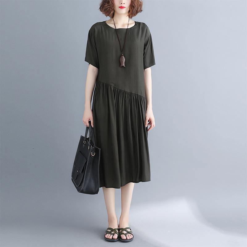 Blackish Green Pure Cotton Blended Dresses Oversize Maxi Dress Short Sleeve Baggy Dresses O Neck Patchwork Cotton Dress