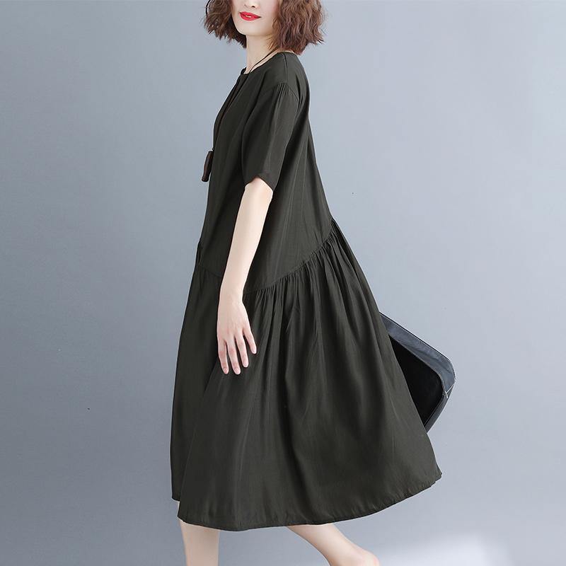 Blackish Green Pure Cotton Blended Dresses Oversize Maxi Dress Short Sleeve Baggy Dresses O Neck Patchwork Cotton Dress