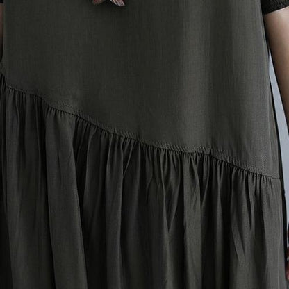 Blackish Green Pure Cotton Blended Dresses Oversize Maxi Dress Short Sleeve Baggy Dresses O Neck Patchwork Cotton Dress