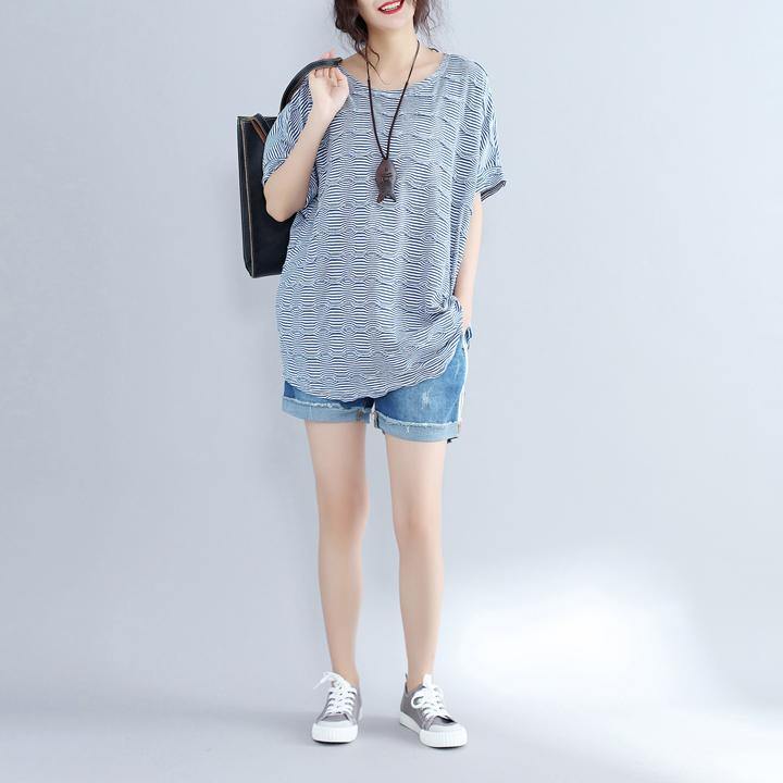 Blue Cotton Topscasual Traveling Blousenew O Neck Striped Brief T Shirt
