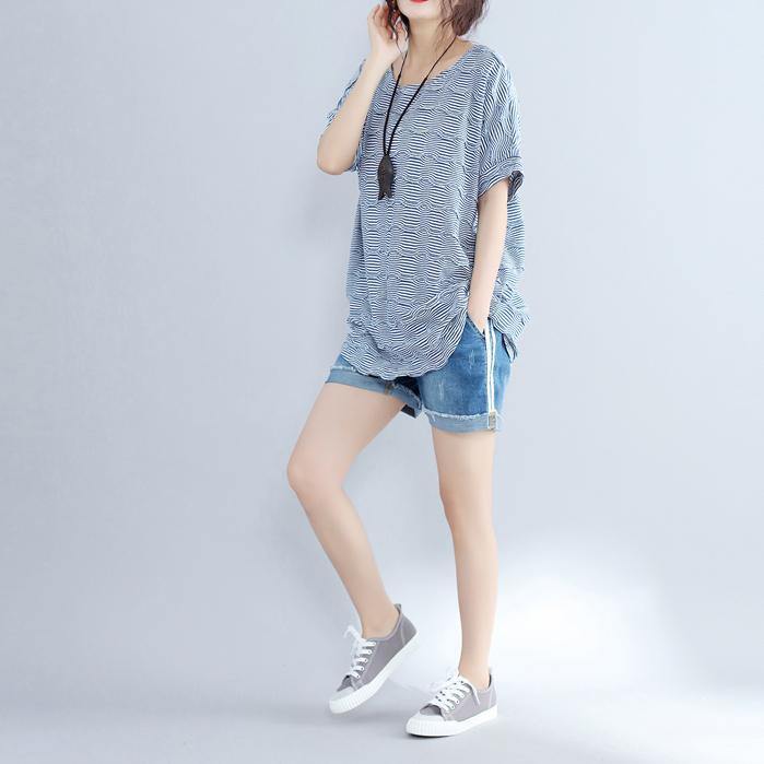 Blue Cotton Topscasual Traveling Blousenew O Neck Striped Brief T Shirt