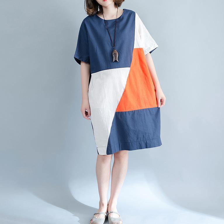Blue Linen Shift Dresses Shirt Dress Fine Short Sleeve Patchwork Knee Dresses