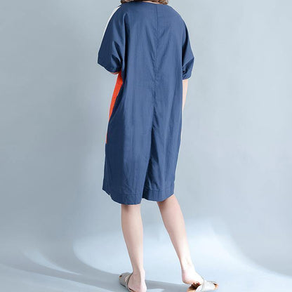 Blue Linen Shift Dresses Shirt Dress Fine Short Sleeve Patchwork Knee Dresses