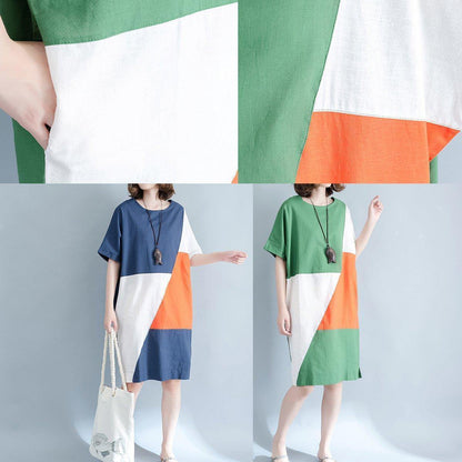 Blue Linen Shift Dresses Shirt Dress Fine Short Sleeve Patchwork Knee Dresses