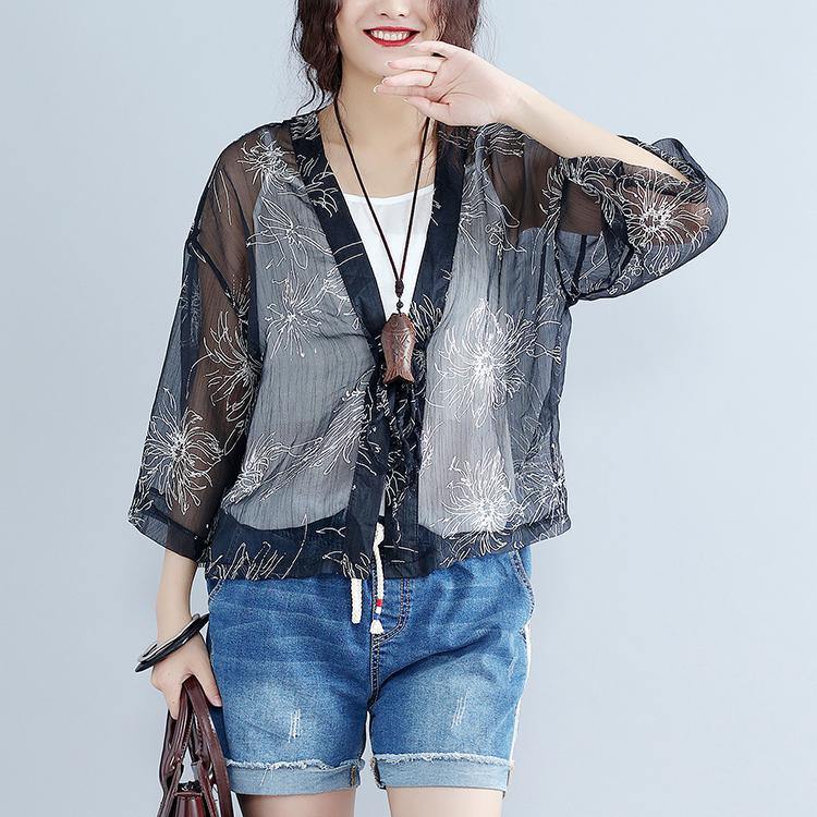 Gray Prints Silk Cardigans Oversize Long Sleeve Tie Bust Tops