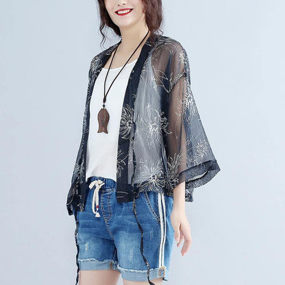 Gray Prints Silk Cardigans Oversize Long Sleeve Tie Bust Tops