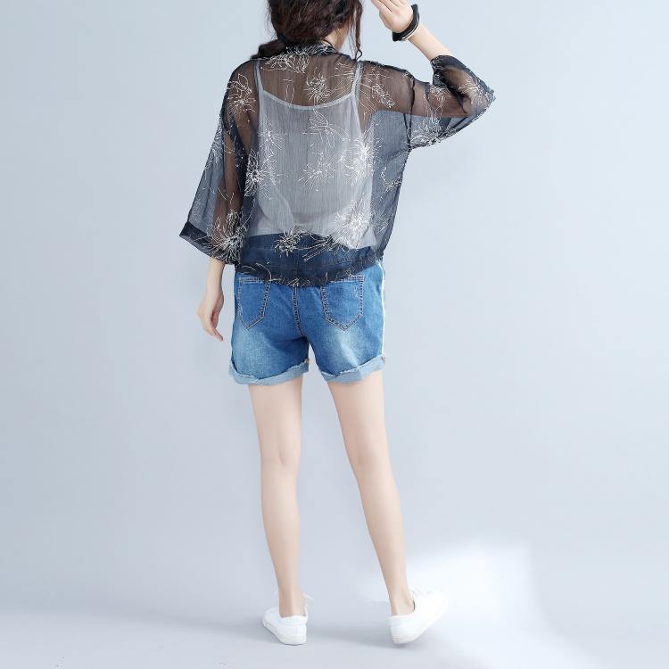 Gray Prints Silk Cardigans Oversize Long Sleeve Tie Bust Tops