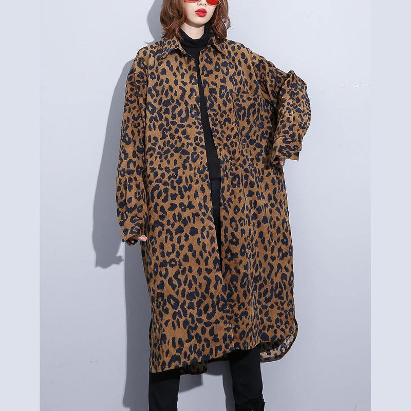 Chocolate Leopard Coat Clothing Dress Side Open Turn-down Collar Button Coat