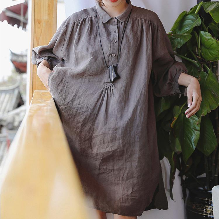 Chocolate Linen Shift Dress Clothing Linen Clothing Dresses Three Quarter Sleeve Baggy Dresses Peter Pan Collar Dresses
