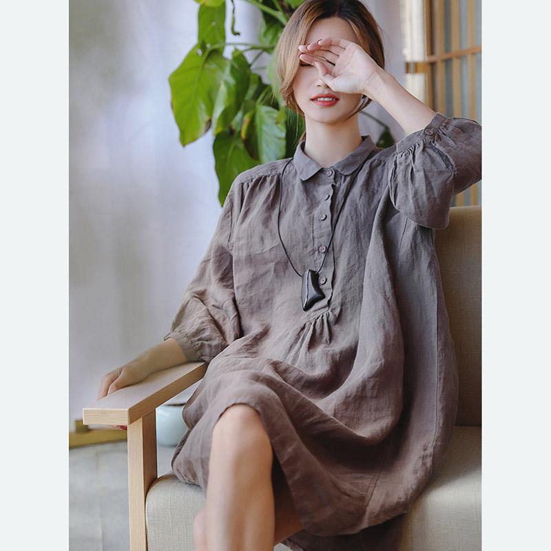 Chocolate Linen Shift Dress Clothing Linen Clothing Dresses Three Quarter Sleeve Baggy Dresses Peter Pan Collar Dresses